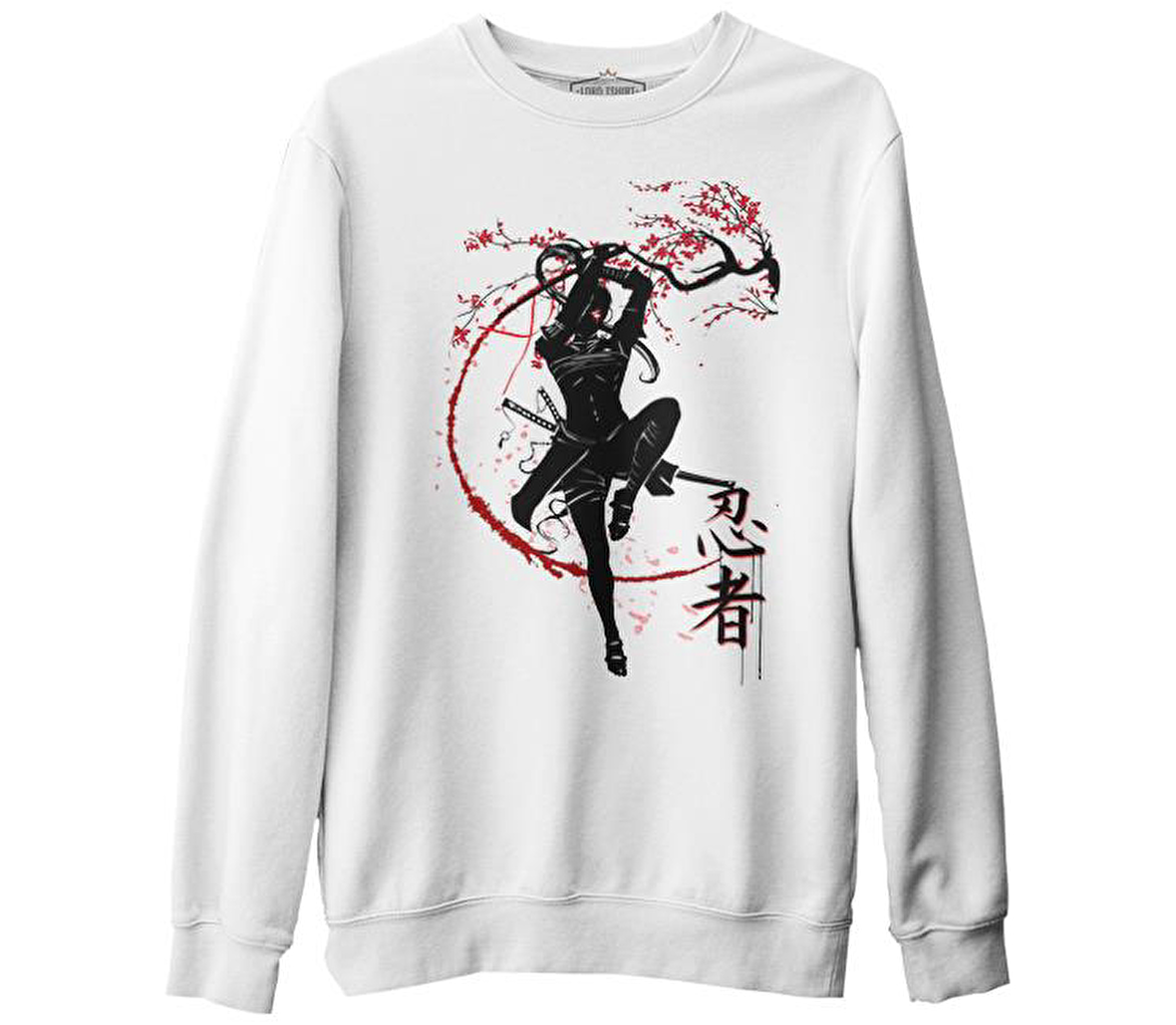 Japon Savaşçı - Rüzgar Beyaz Erkek Kalın Sweatshirt