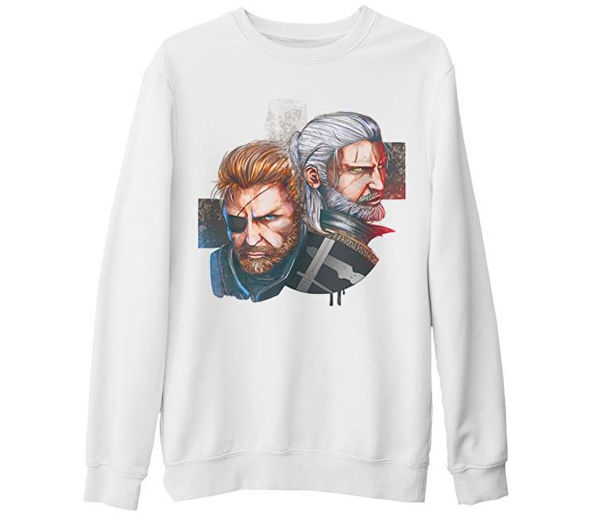 The Witcher - Geralt vs Solid Snake Beyaz Kalın Sweatshirt