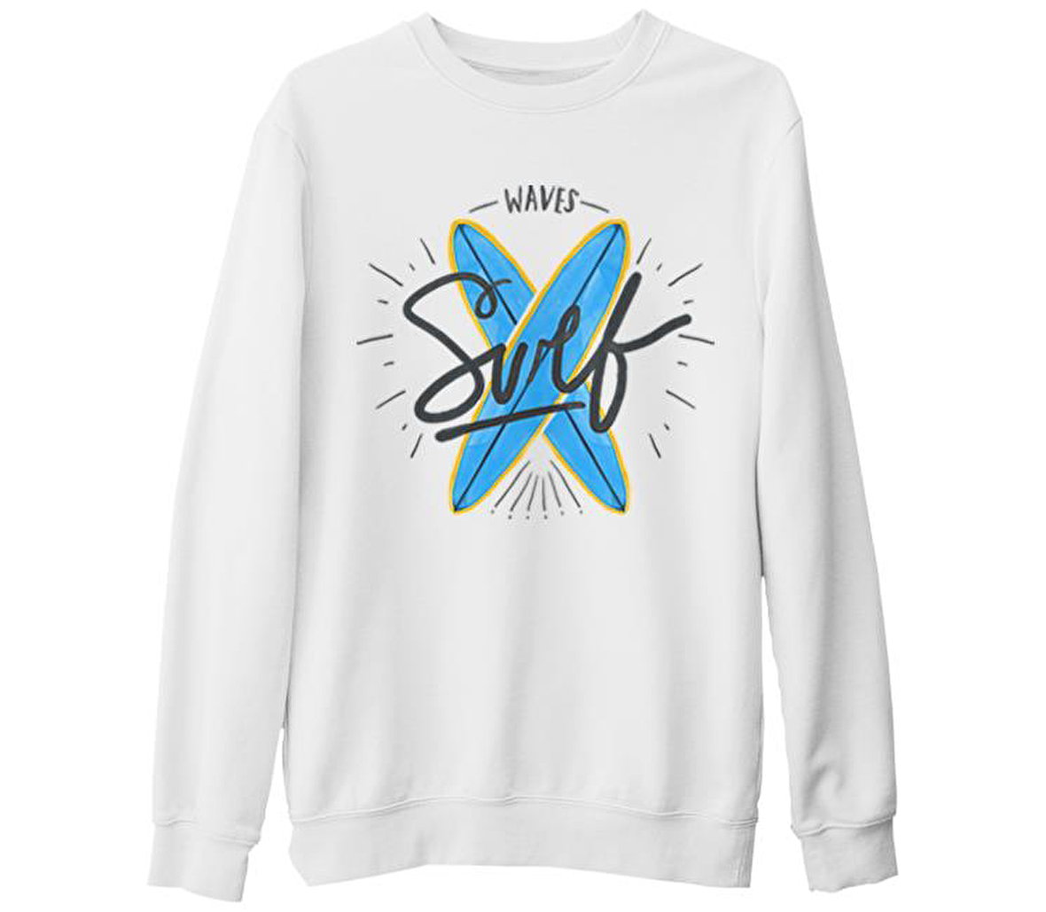 Dalgalarla Sörf Beyaz Kalın Sweatshirt