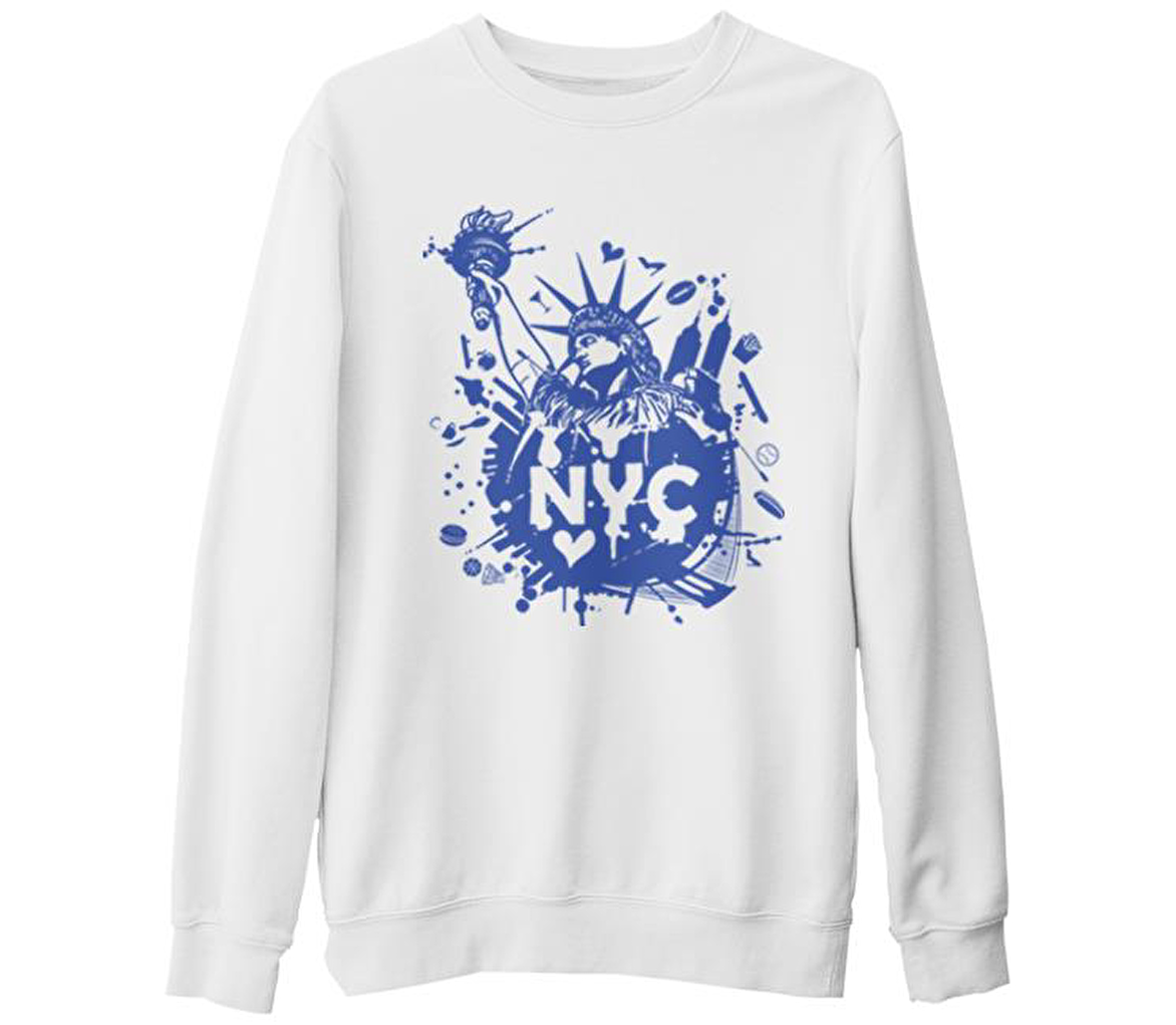 New York - Özgürlük Anıtı Beyaz Kalın Sweatshirt