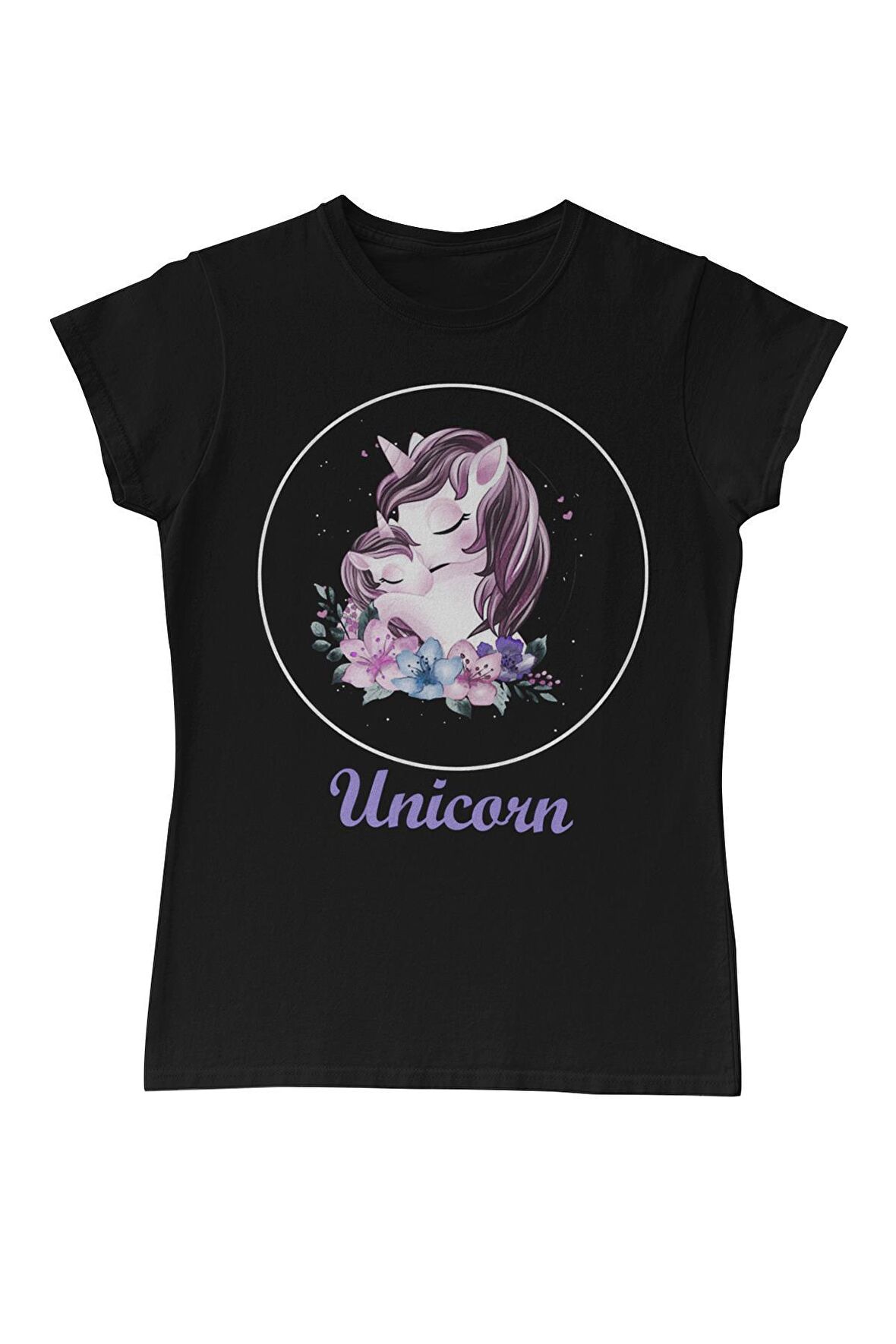 Unicorn Çiçek Anneler Günü Siyah Bayan Tshirt