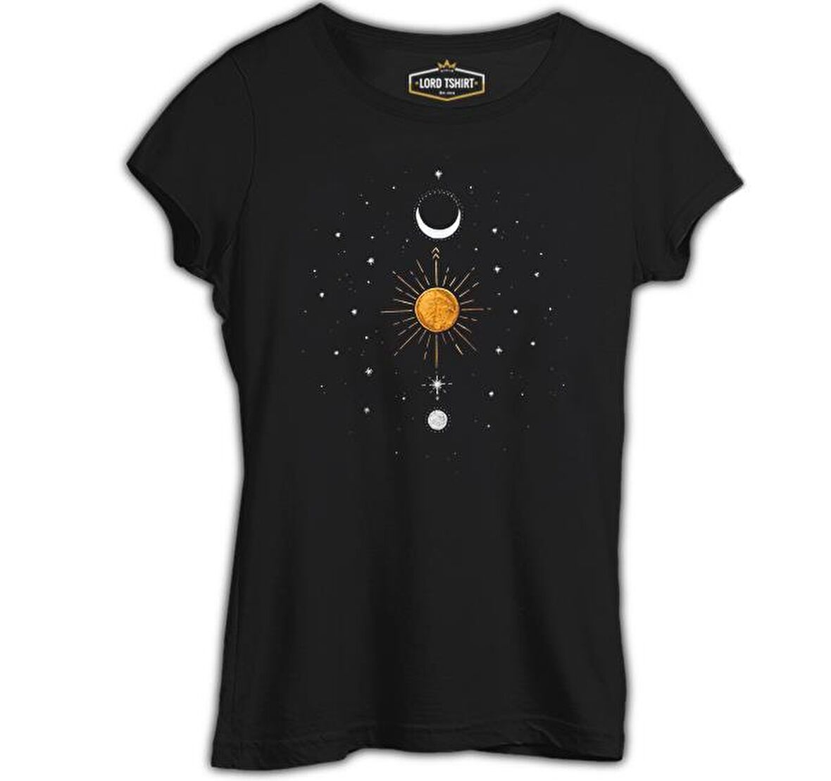 Güneş Ay ve Yıldızlar Siyah Bayan Tshirt