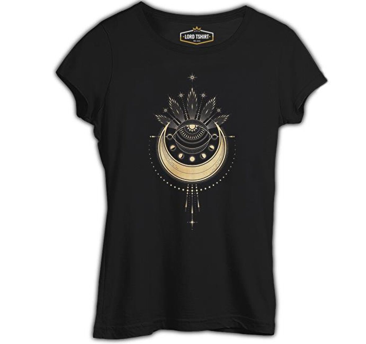 Geometrik - Ay ve Yıldızlar Siyah Bayan Tshirt