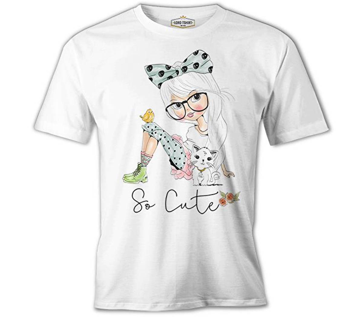 Kuş Kedi Küçük Kız Beyaz Erkek Tshirt