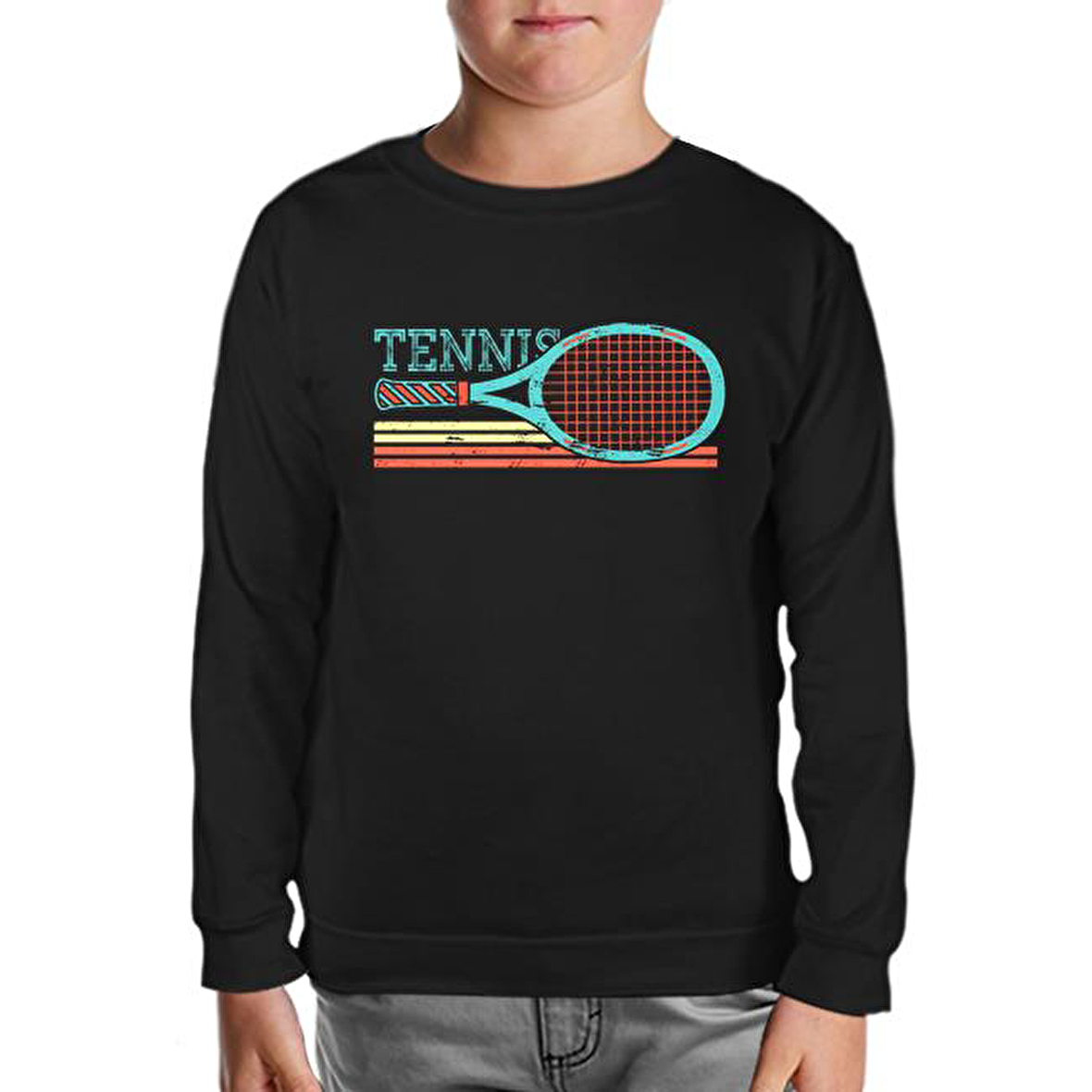 Tenis - Raket Yatay Siyah Çocuk Sweatshirt