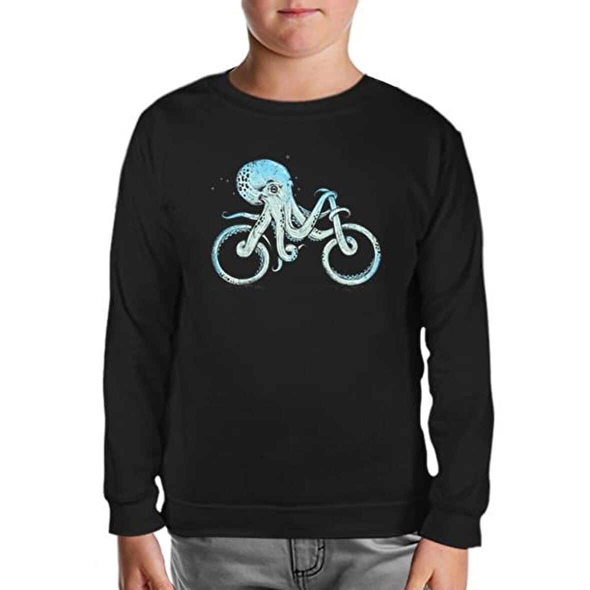 Hayvan - Ahtapot Bisiklet Siyah Çocuk Sweatshirt