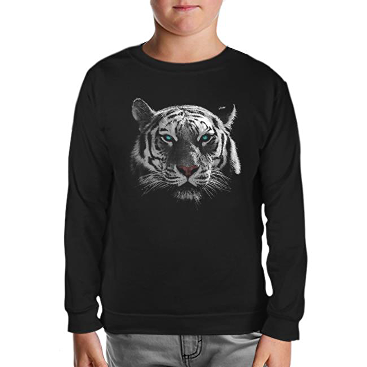 Hayvan - Kaplan Piksel Siyah Çocuk Sweatshirt