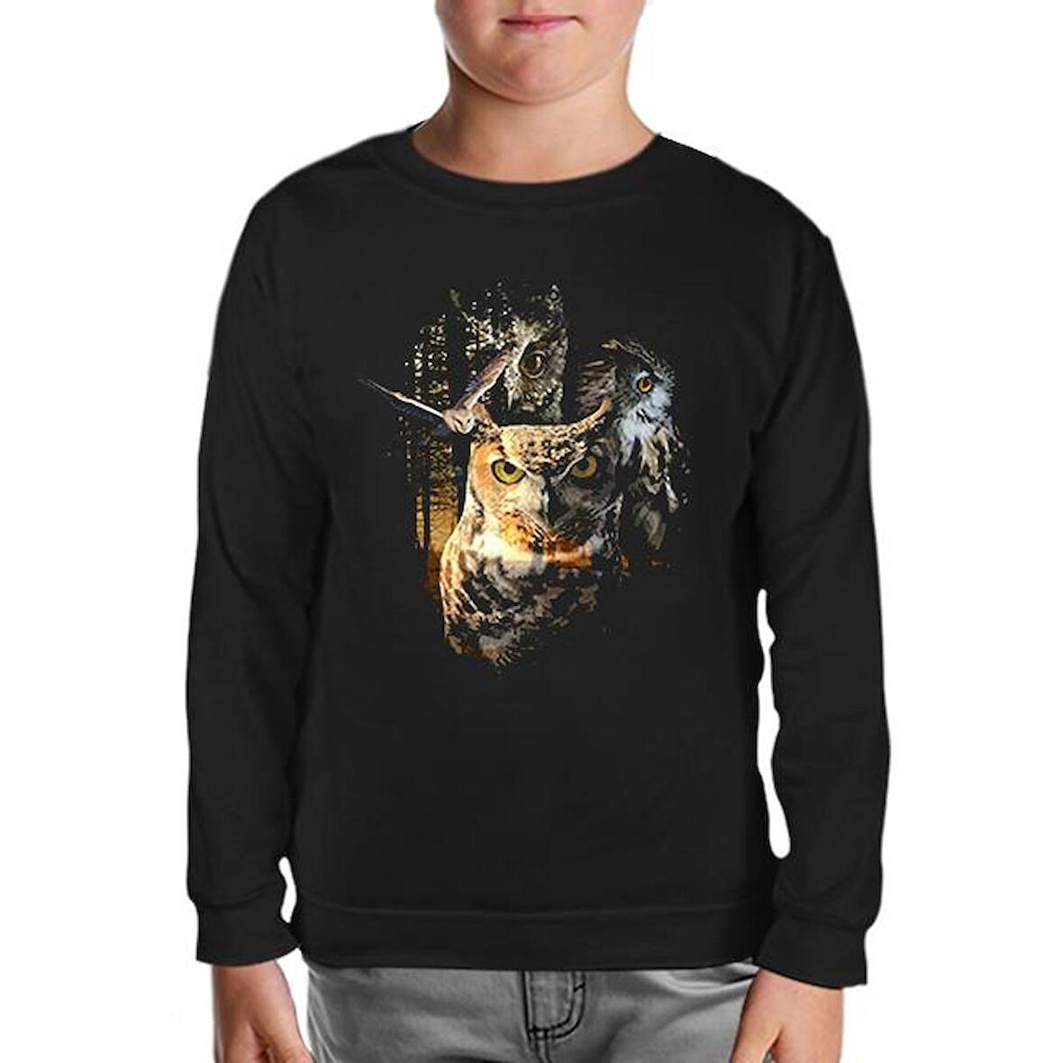 Owls at Night Siyah Çocuk Sweatshirt