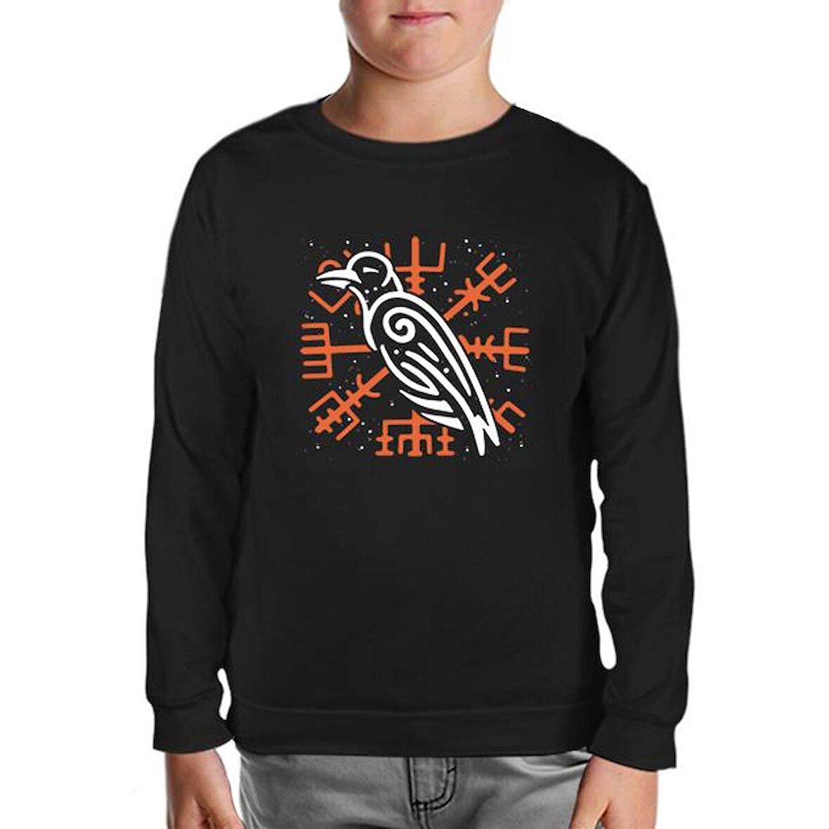 Raven Bird and Viking Sign Background Siyah Çocuk Sweatshirt