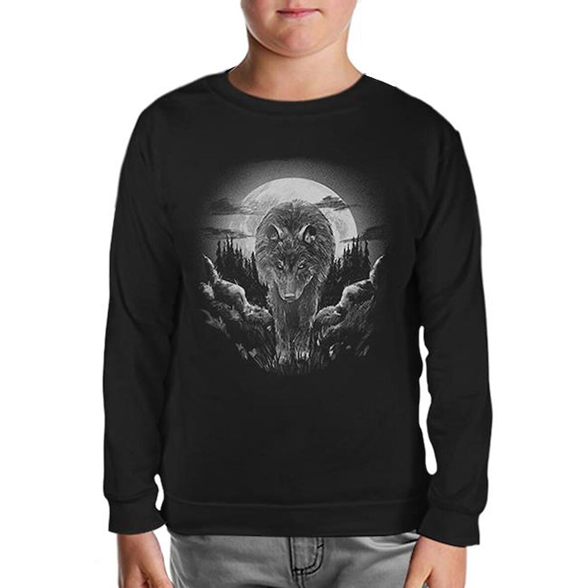 Wolf Walking in the Moonlight Siyah Çocuk Sweatshirt