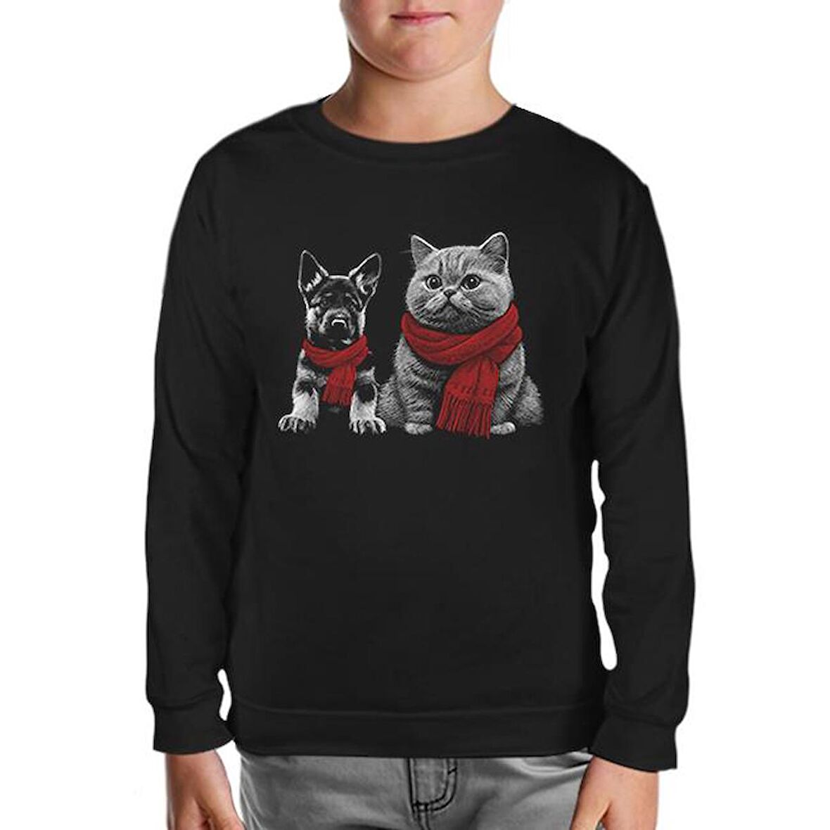Baby Dog and a Cat Wearing Scarves Siyah Çocuk Sweatshirt