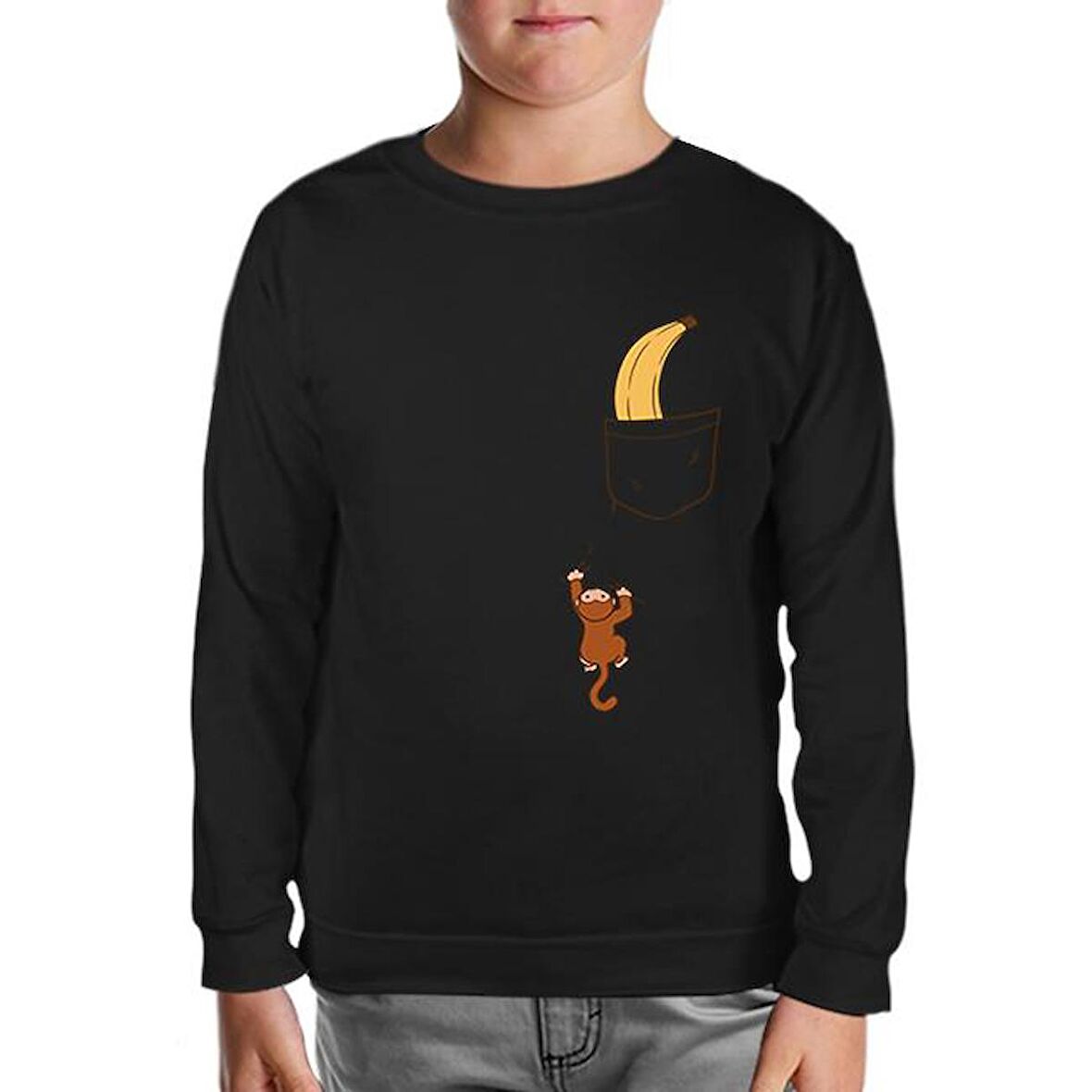 Monkey Climbing for Banana in the Pocket Siyah Çocuk Sweatshirt