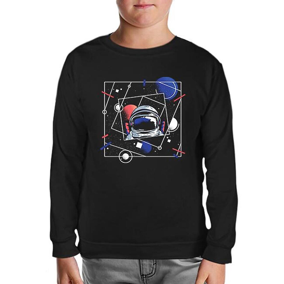 Astronaut with a Geometric Space Background Siyah Çocuk Sweatshirt