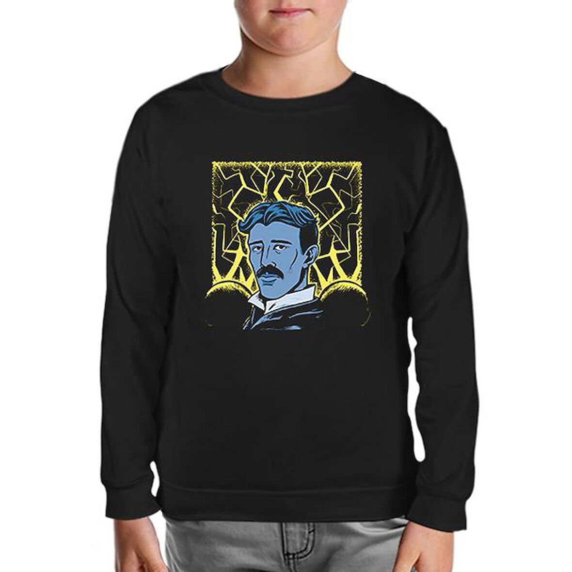 Nicola Tesla with an Electric Bacground Siyah Çocuk Sweatshirt