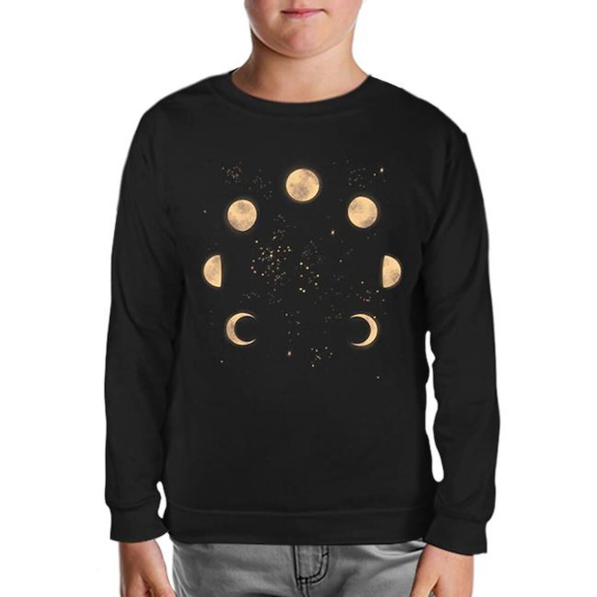 Phases of the Golden Moon in Space Siyah Çocuk Sweatshirt