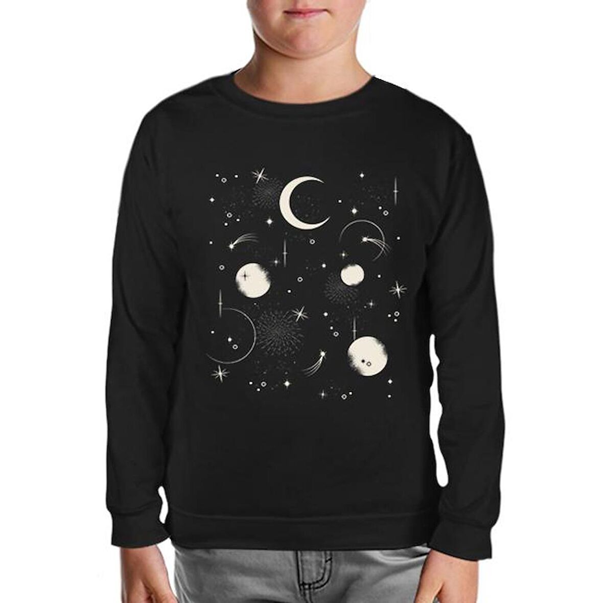 Night Sky with Moon and Stars Siyah Çocuk Sweatshirt