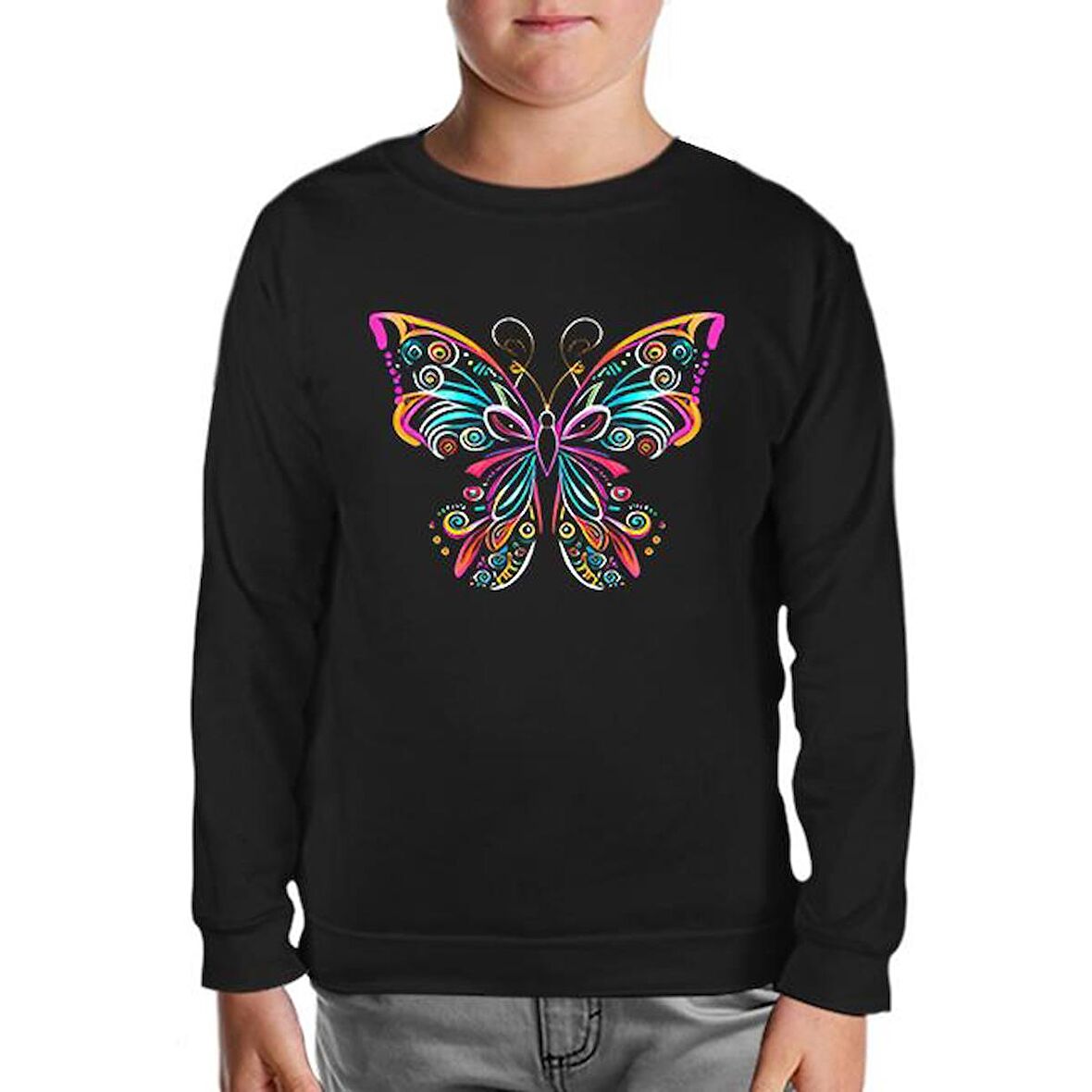 Colorful Butterfly in Geometrical Style Siyah Çocuk Sweatshirt