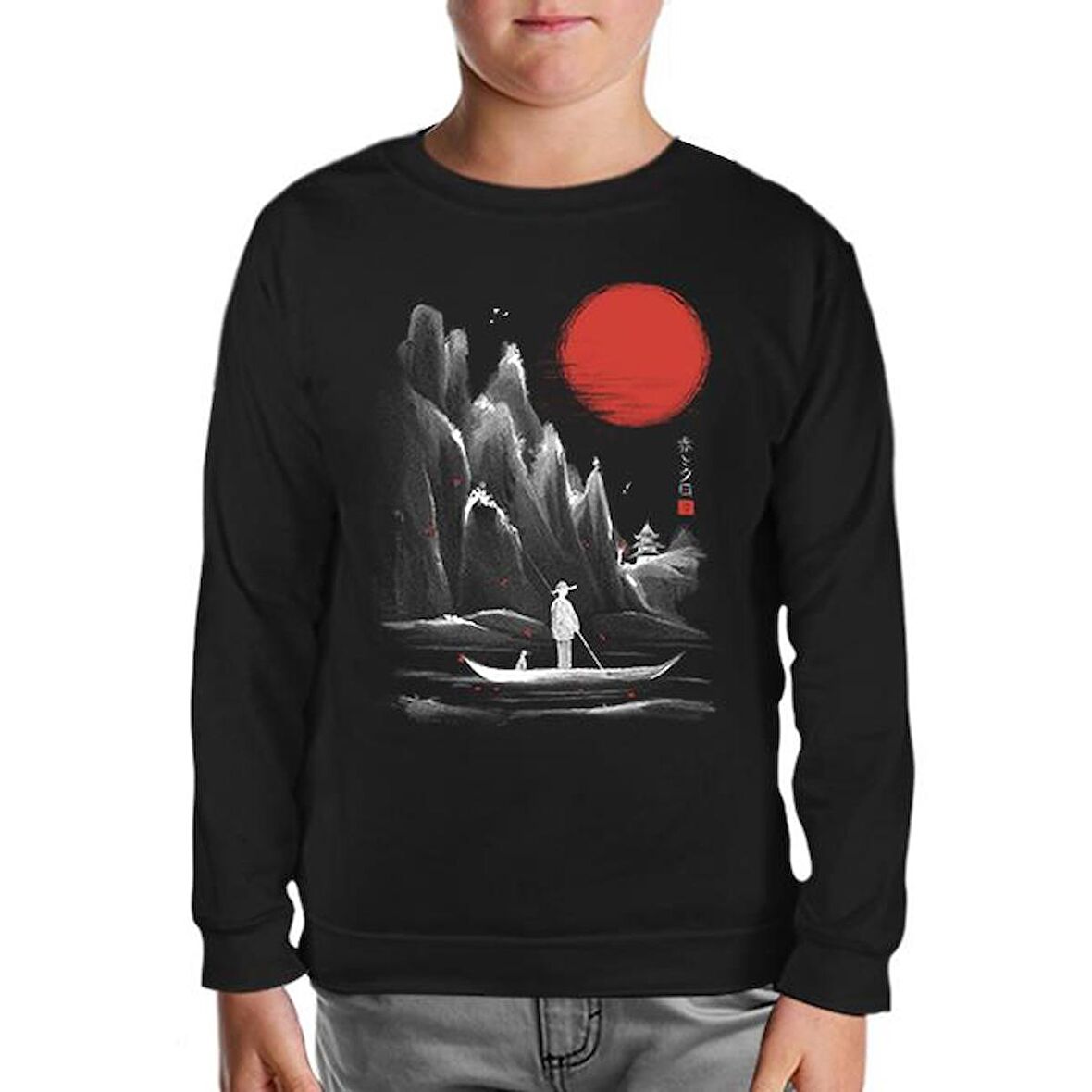 Man on the Boat in Japanese Landscape Siyah Çocuk Sweatshirt