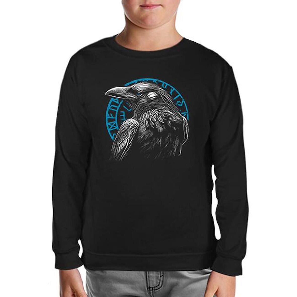 Raven Bird in Front of a Viking Rune Siyah Çocuk Sweatshirt