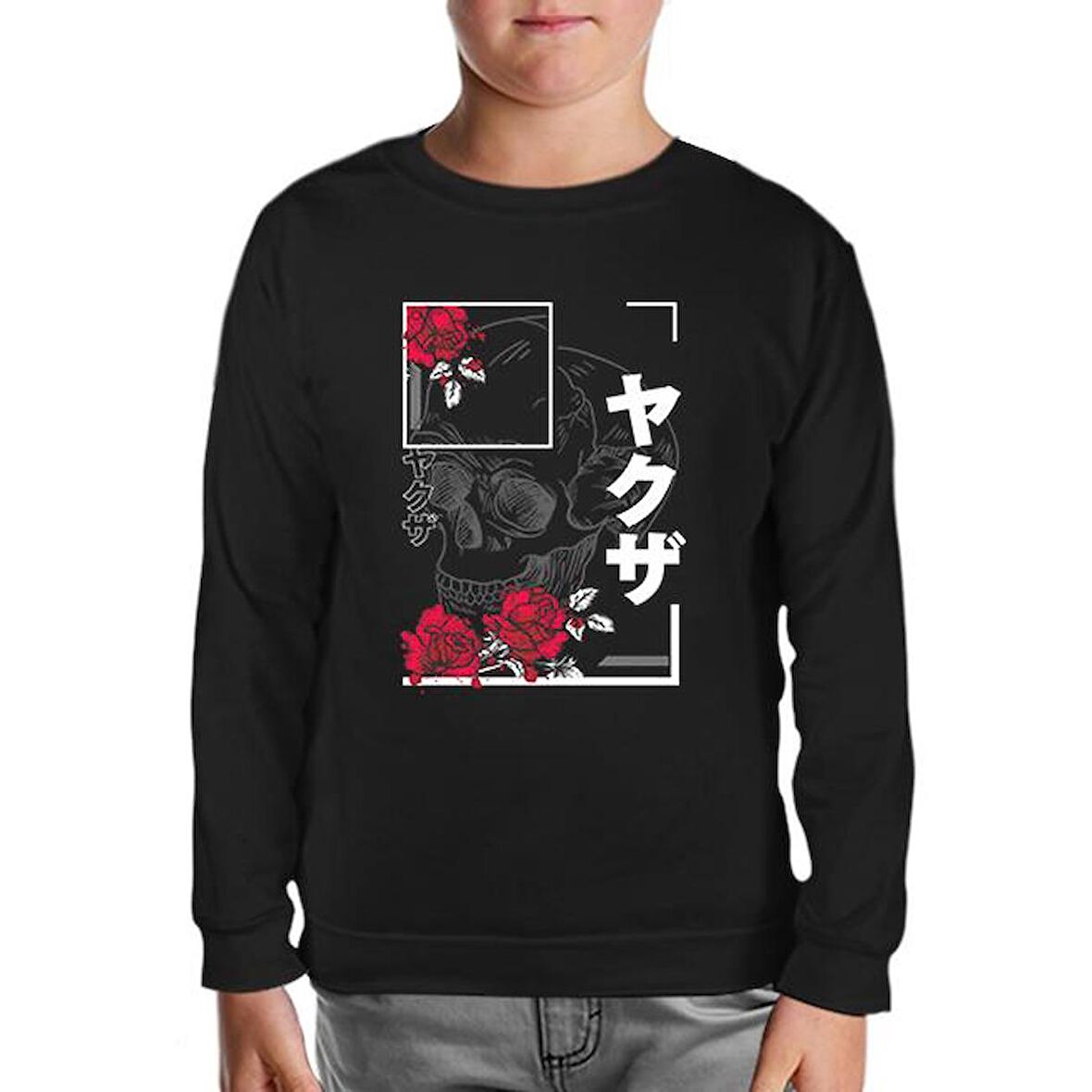 Japanese Quote and Flowers over a Skull Siyah Çocuk Sweatshirt