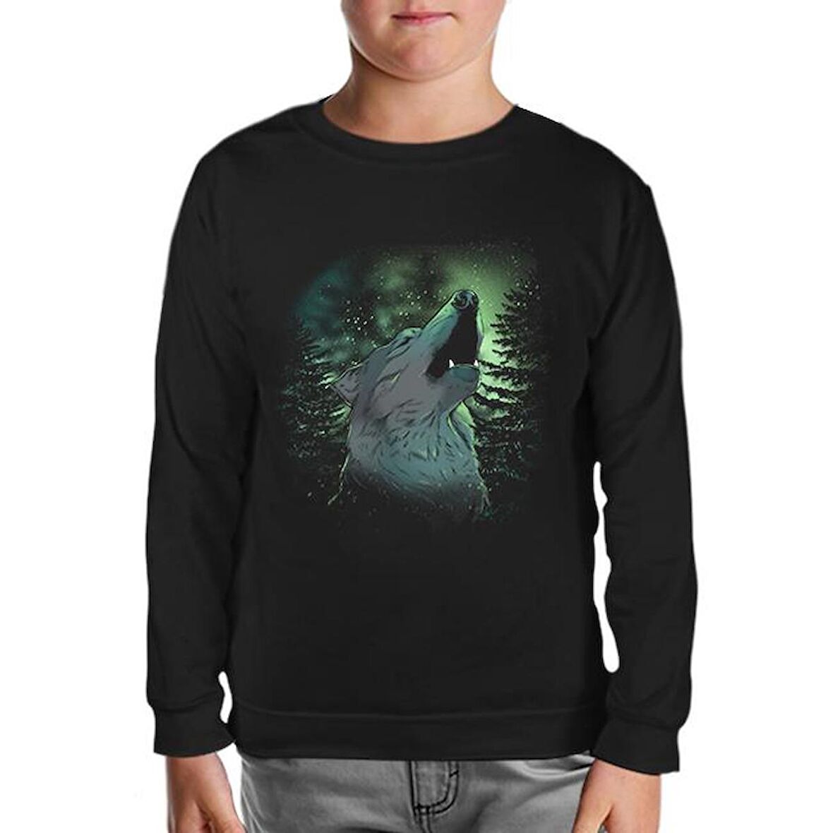 Wolf Howling in a Green Light Forest Siyah Çocuk Sweatshirt