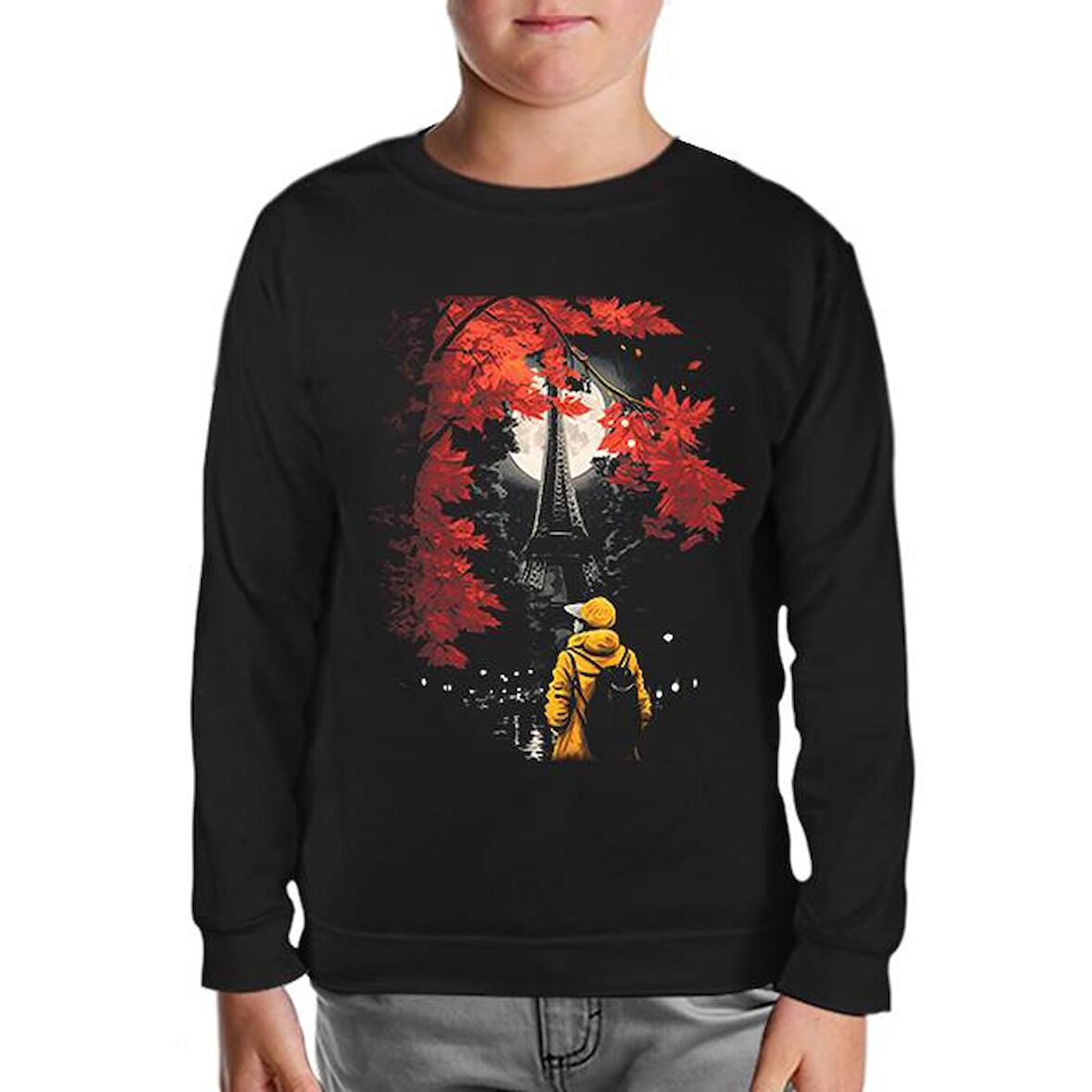 Girl with Yellow Coat Watching Eiffel Tower Siyah Çocuk Sweatshirt