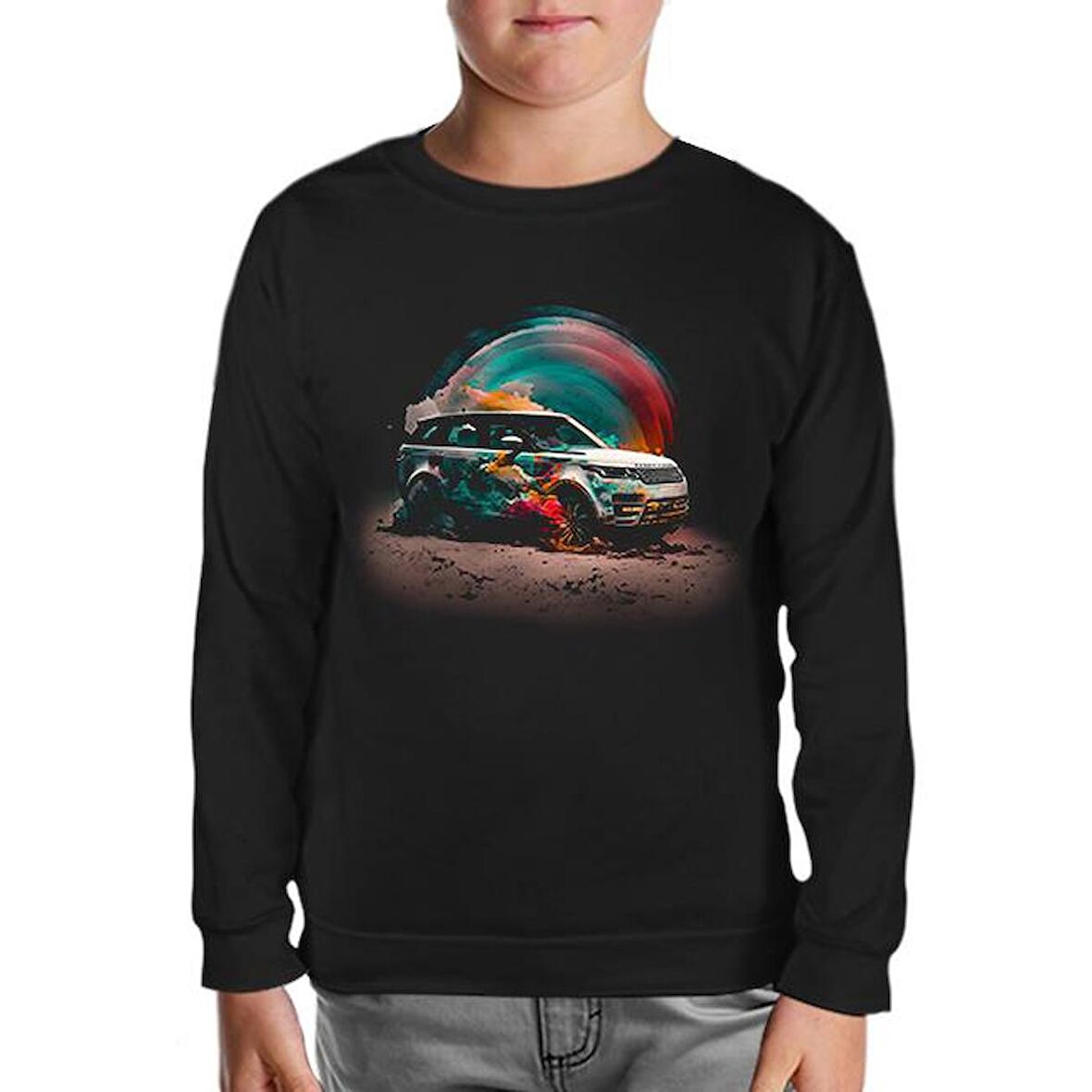 Offroad Car with Colorful Dust Background Siyah Çocuk Sweatshirt