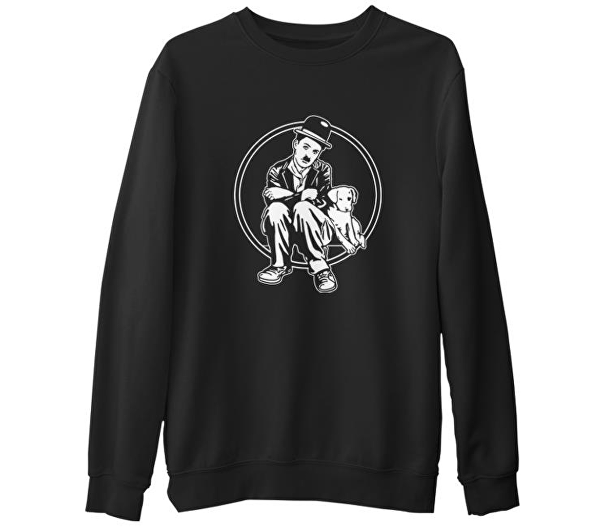 Charlie Chaplin - Köpeğin Hayatı Siyah Erkek Kalın Sweatshirt