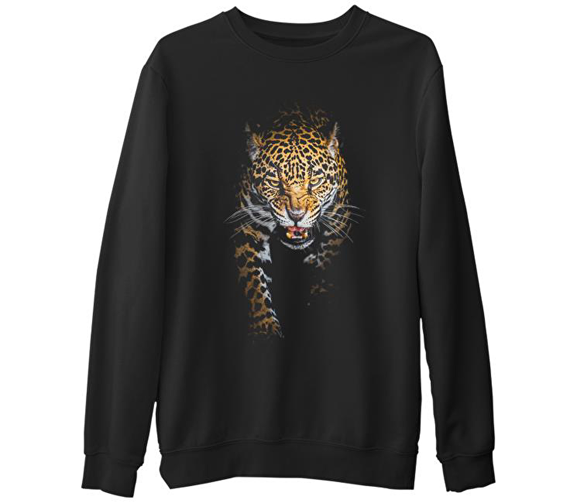 Leopar Siyah Erkek Kalın Sweatshirt
