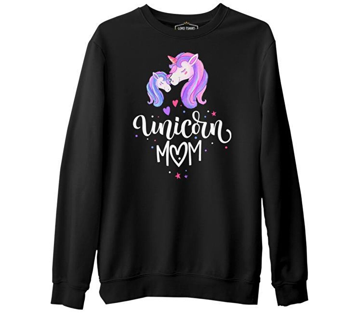 Unicorn Mom Anneler Günü Siyah Unisex Kalın Sweatshirt