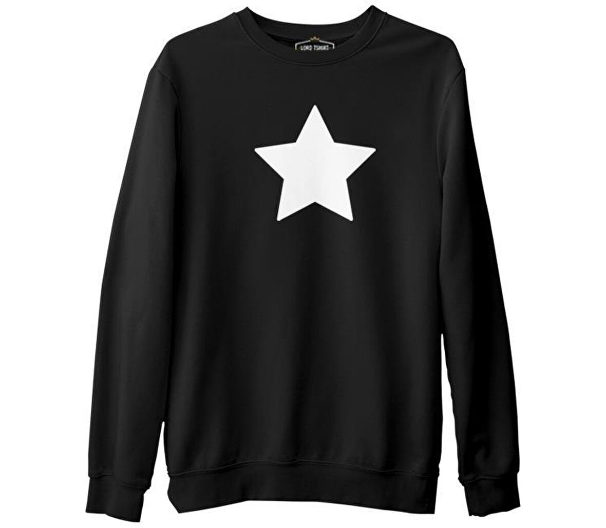 Beyaz Yıldız Siyah Erkek Kalın Sweatshirt