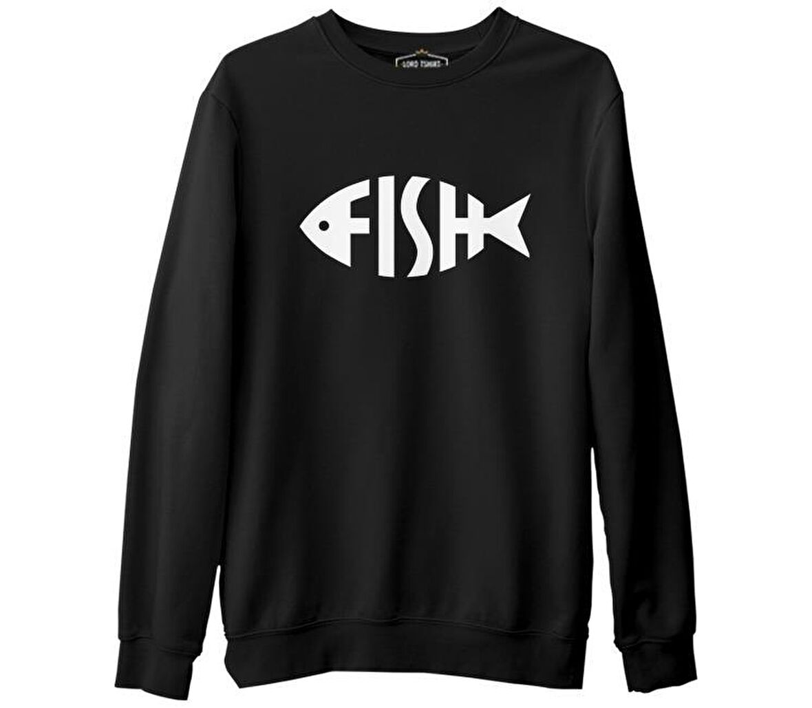 Fish with Letters Siyah Erkek Kalın Sweatshirt