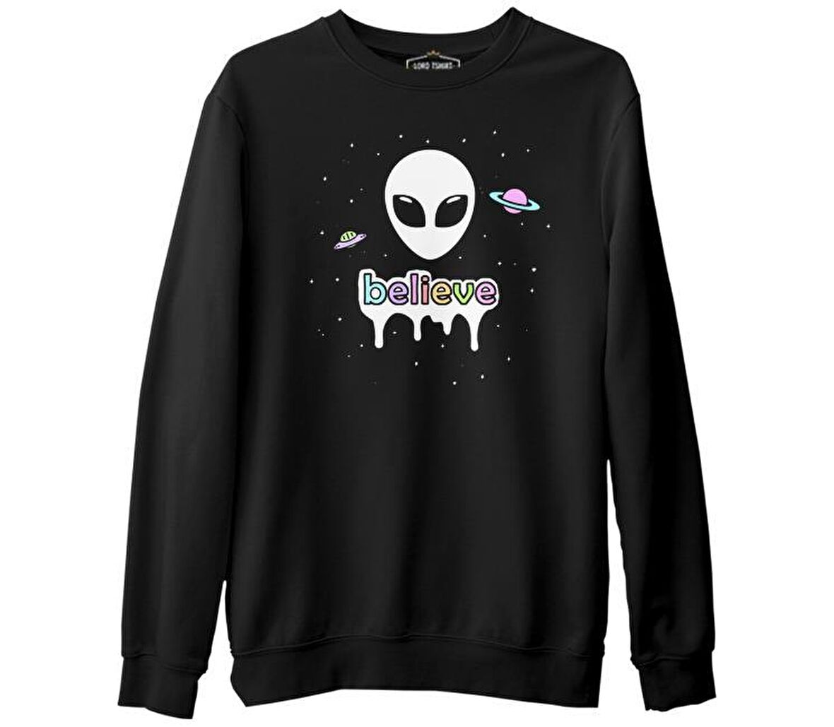 Alien - Believe in Planets Siyah Erkek Kalın Sweatshirt