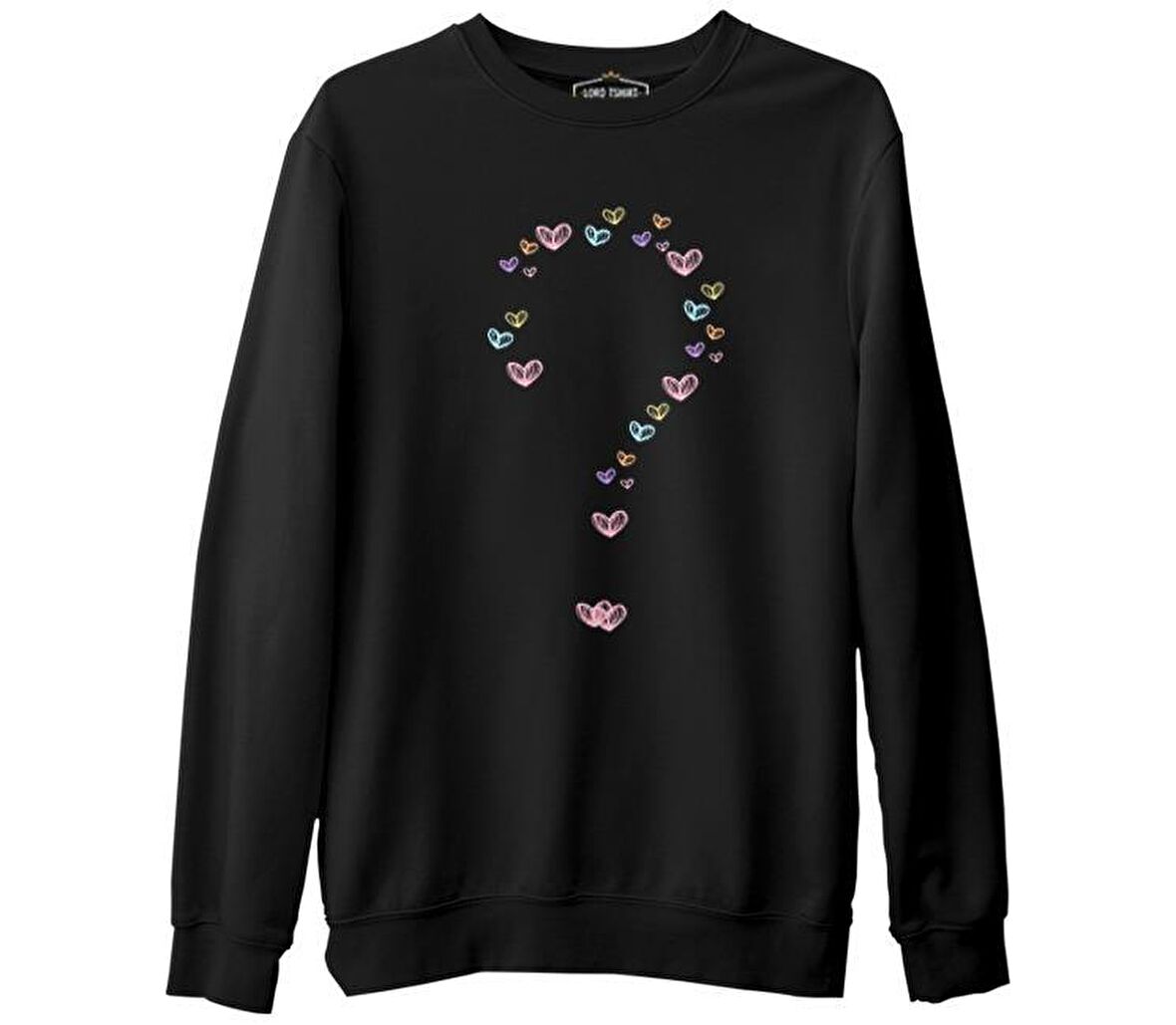 Kalp Soru İşareti Siyah Erkek Kalın Sweatshirt