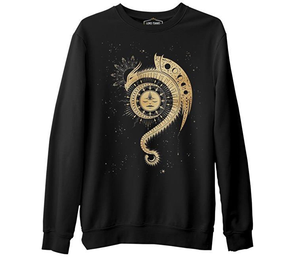 Dragon ve Ay Siyah Erkek Kalın Sweatshirt