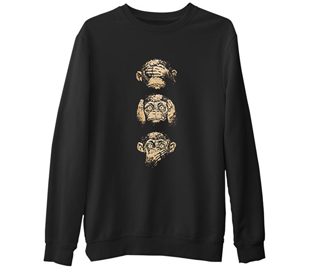 Three Monkeys  Siyah Erkek Kalın Sweatshirt