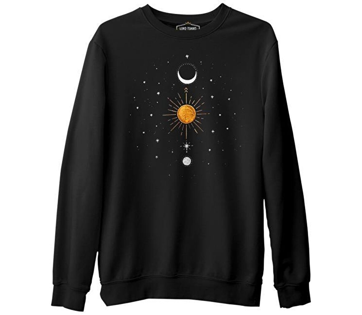 Güneş Ay ve Yıldızlar Siyah Erkek Kalın Sweatshirt