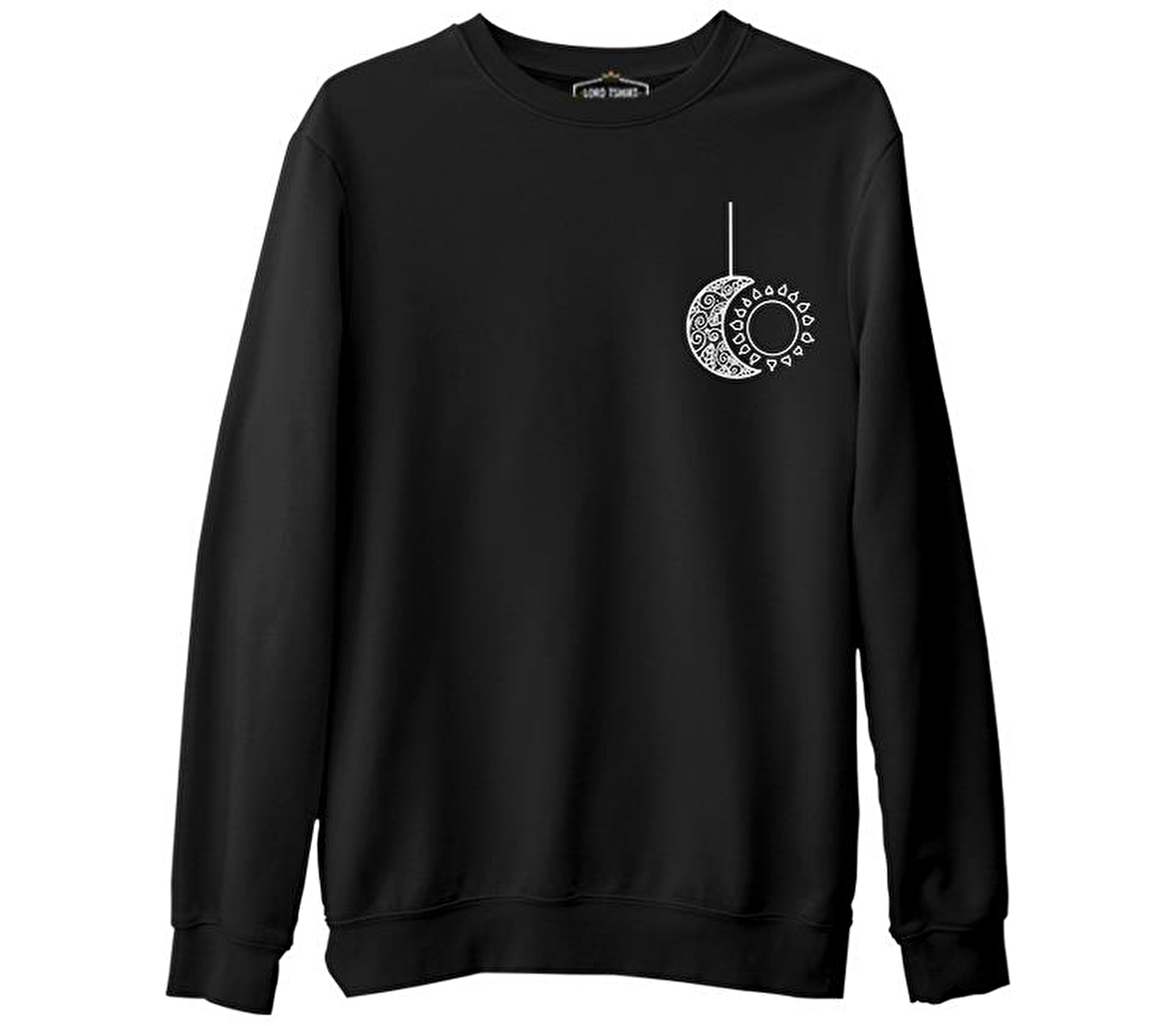 Mandala - Ay ve Güneş Siyah Erkek Kalın Sweatshirt
