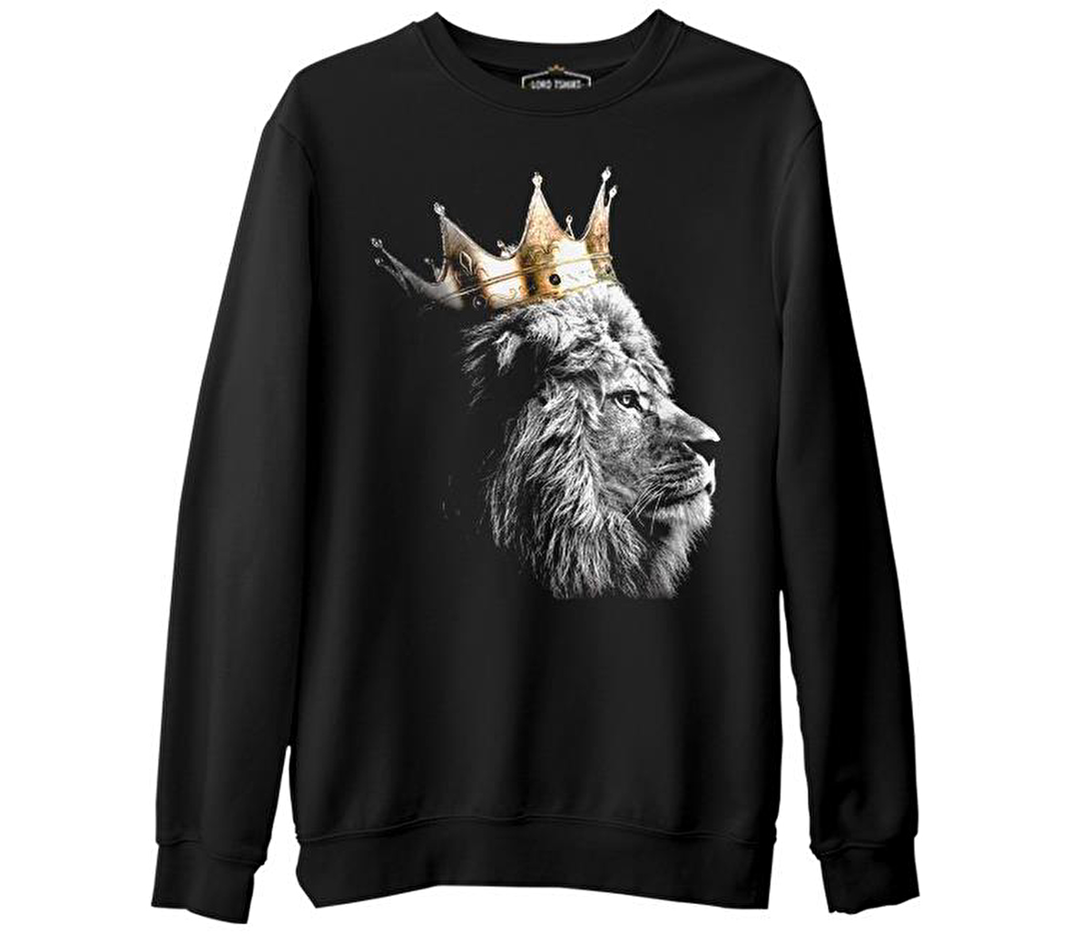 Aslan - Kral Taç Siyah Erkek Kalın Sweatshirt