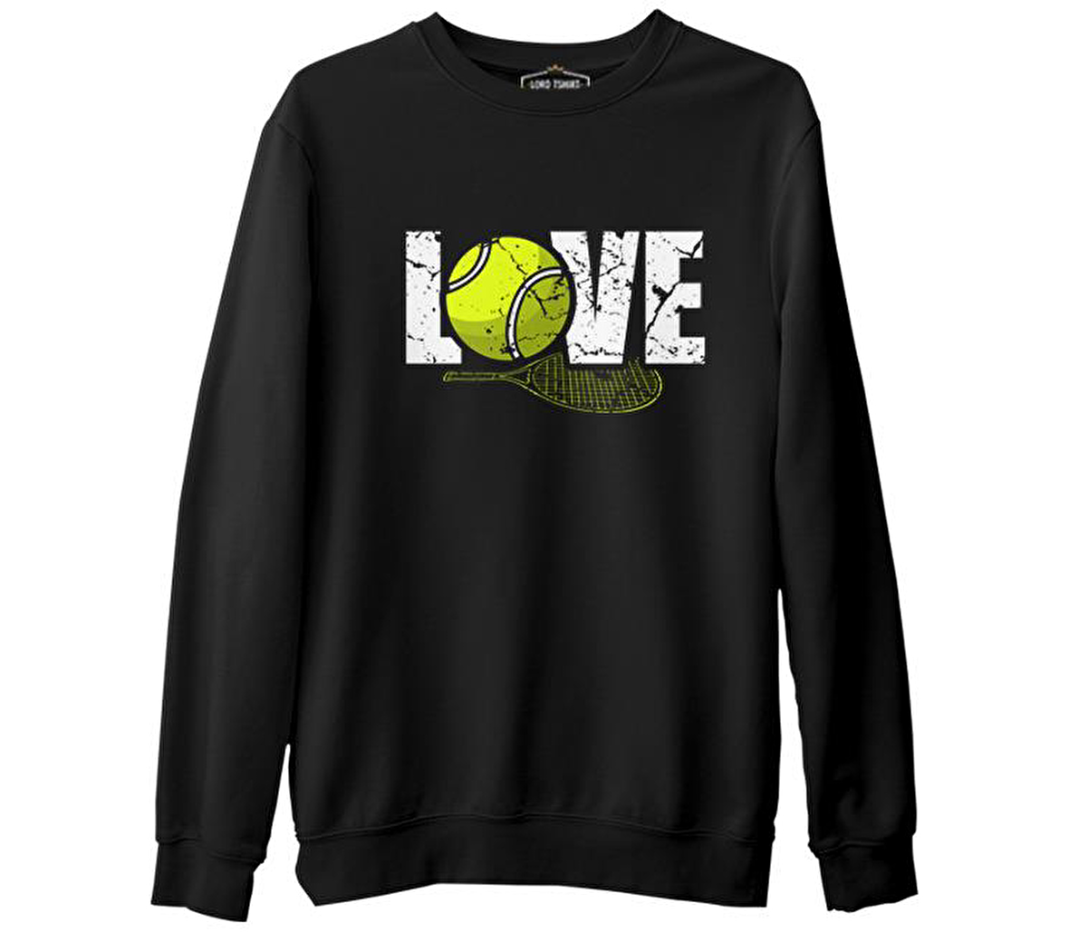 Tenis - Love Raket ve Top Siyah Erkek Kalın Sweatshirt
