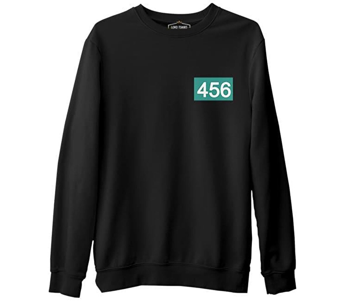 Squid Game-Number 456 Göğüs Logo Siyah Erkek Kalın Sweatshirt