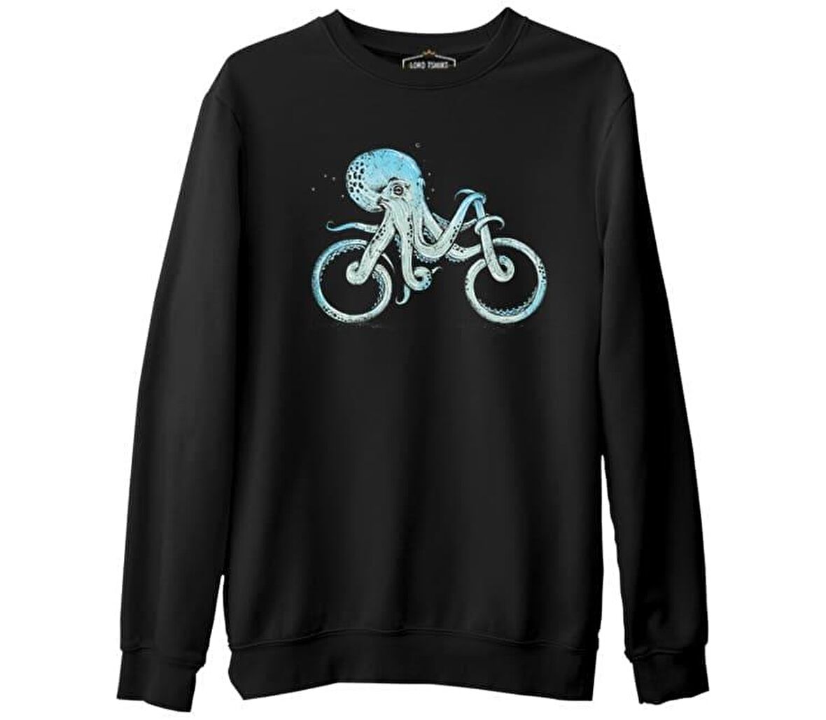 Hayvan - Ahtapot Bisiklet Siyah Erkek Kalın Sweatshirt