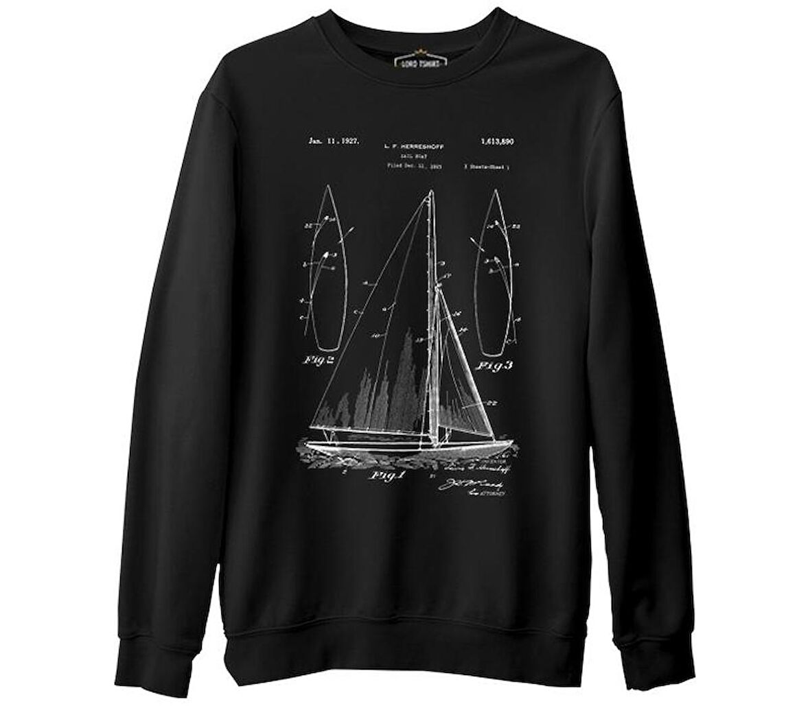 Yat Kulübü - Sail Boat Siyah Erkek Kalın Sweatshirt