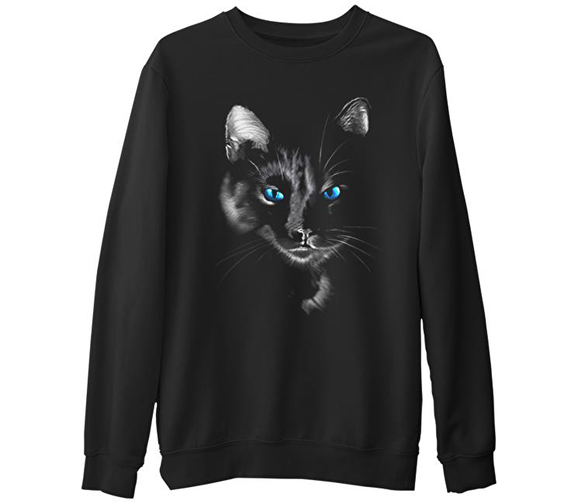 Cat in Blue  Siyah Erkek Kalın Sweatshirt