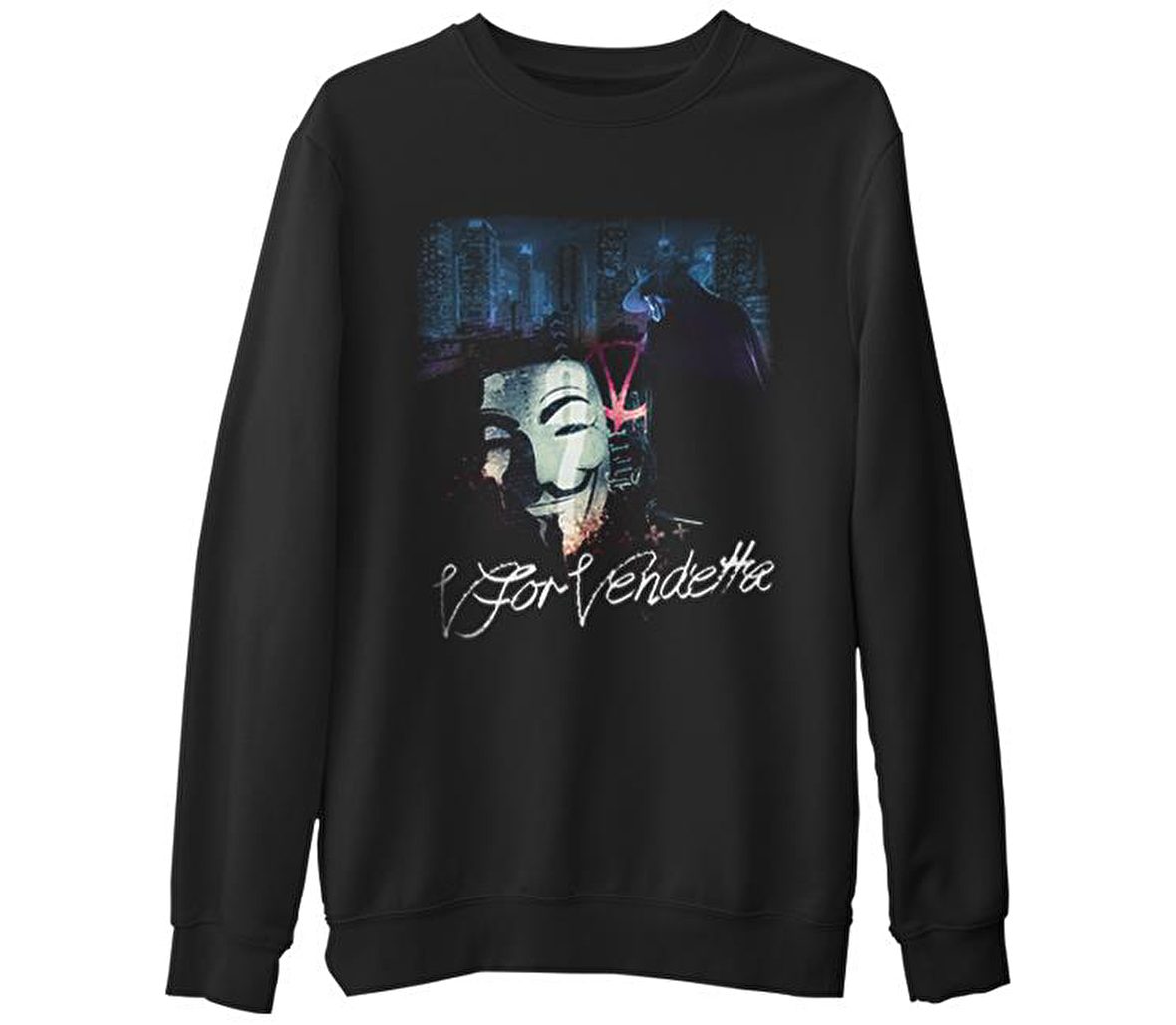 V for Vendetta  Siyah Erkek Kalın Sweatshirt
