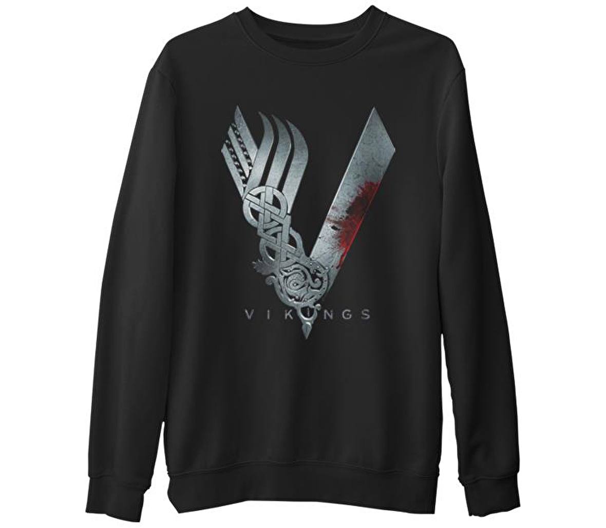 Vikings  Siyah Erkek Kalın Sweatshirt