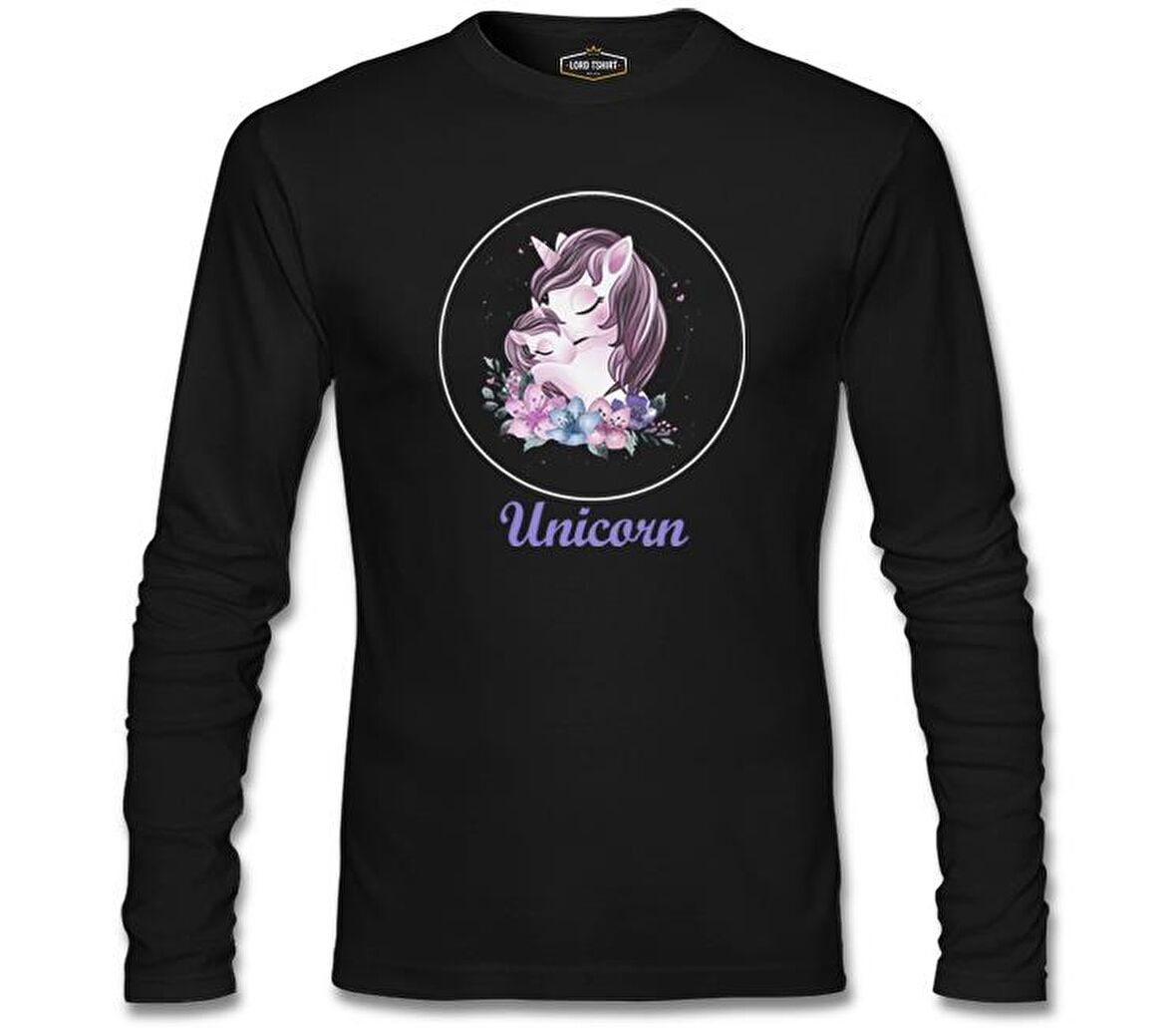 Unicorn Çiçek Anneler Günü Siyah Unisex Sweatshirt