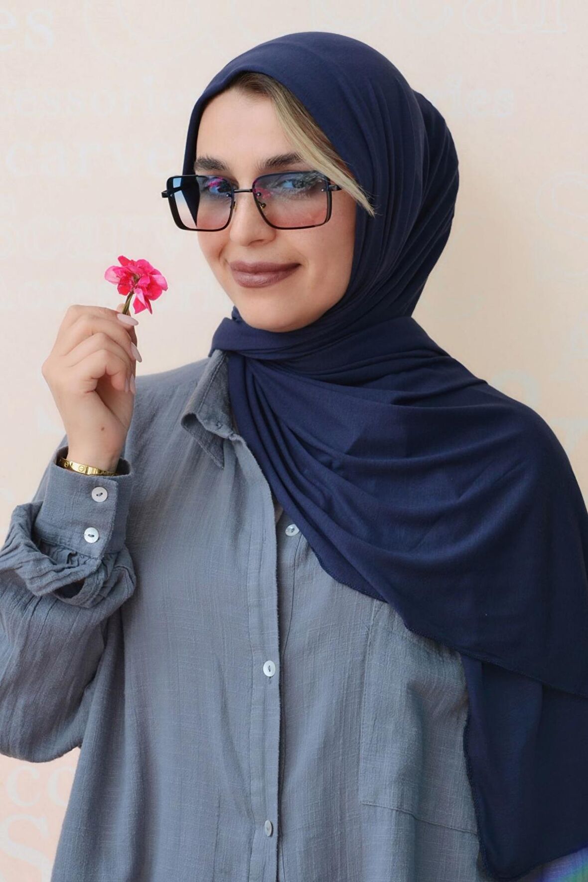 Lacivert Renk Likralı Viskon Penye Şal Lycra Scarf