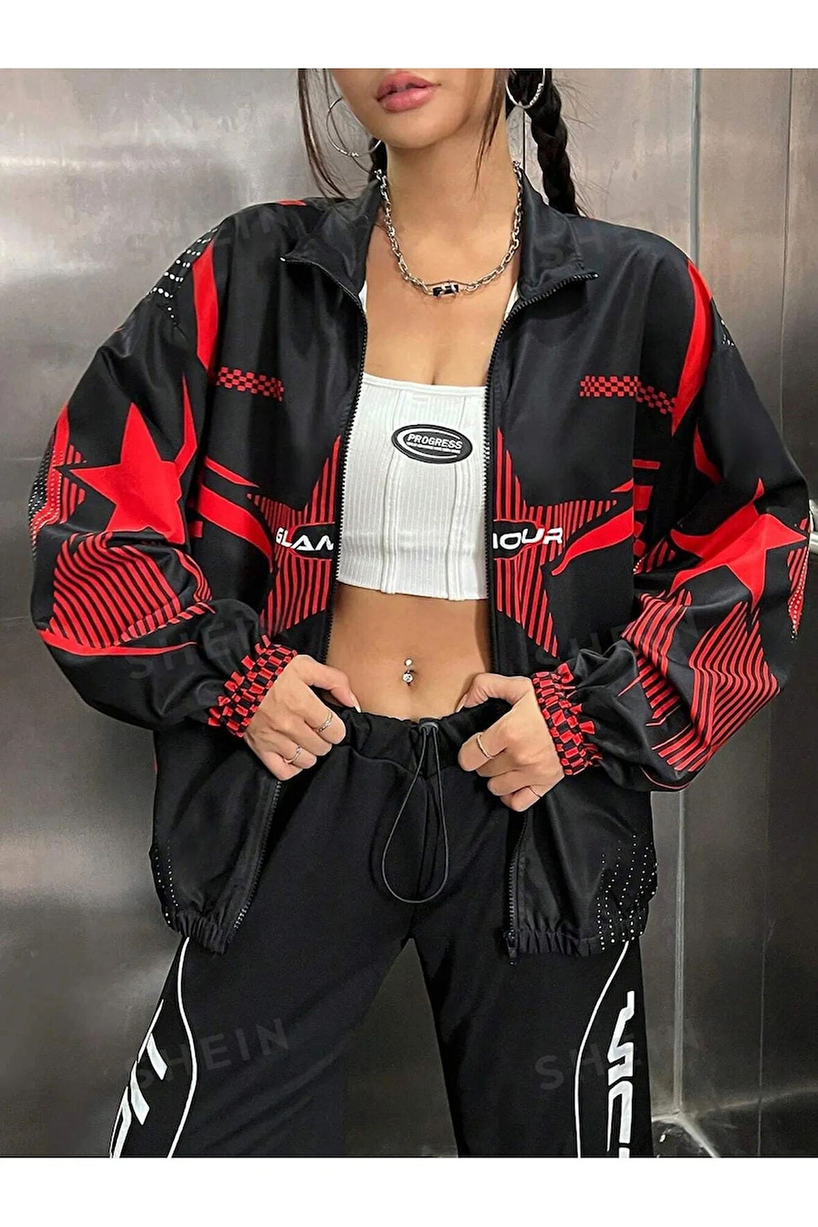 Unisex Dijital Baskı Paraşüt Kumaş Oversize Baskılı Siyah Rüzgarlık Yağmurluk