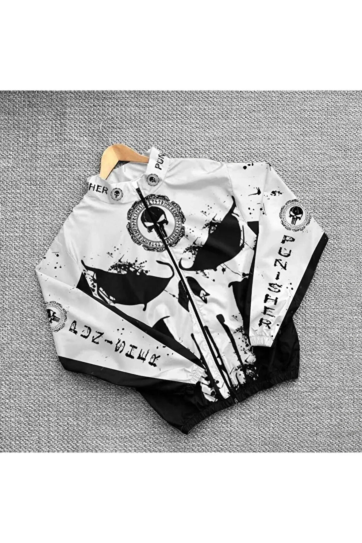 Punisher Kuru Kafa Unisex Dijital Baskı Paraşüt Kumaş Oversize Baskılı Siyah Rüzgarlık Yağmurluk